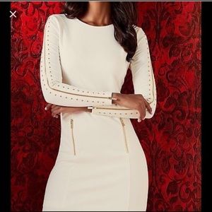 VENUS Cream Long Sleeve Bodycon Dress Gold Zipper Grommet Accents